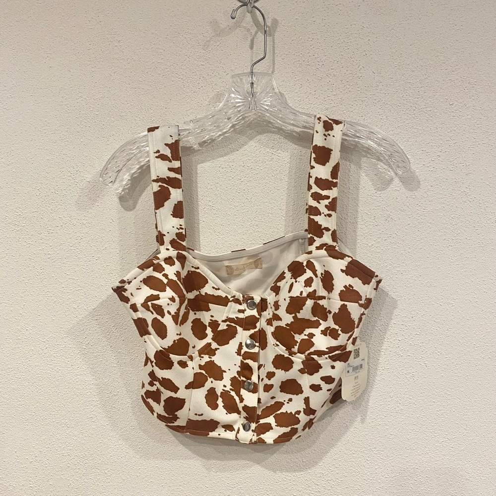 NWT Altar’d State Cow Print Snap Cropped Corset Size Medium - Picture 2 of 5